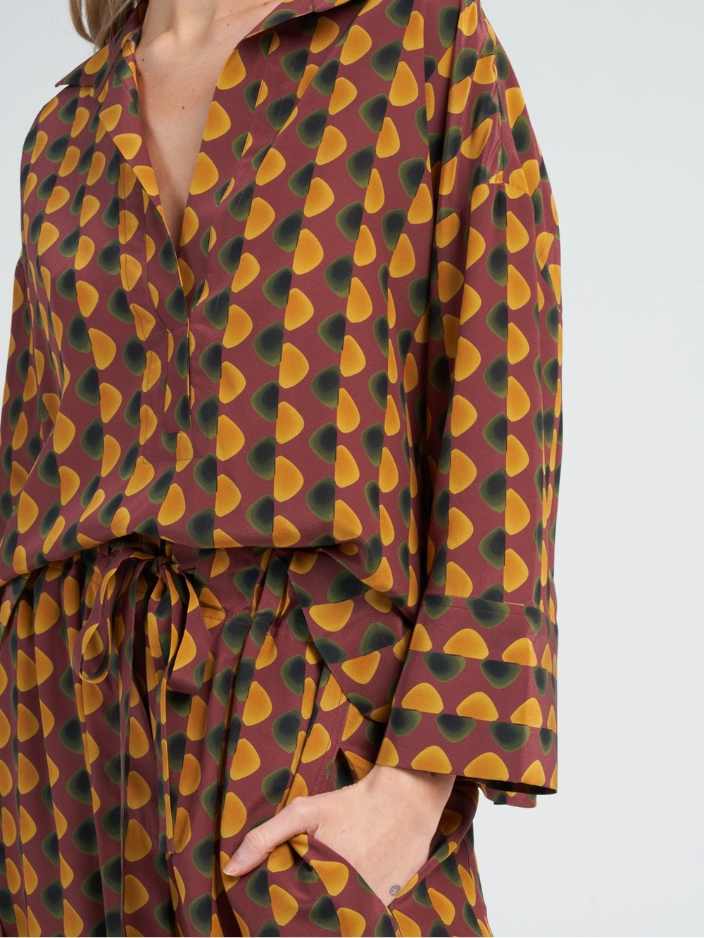 ODEEH Patterned V-Neck Blouse and Drawstring Pants Set - Mustard & Olive